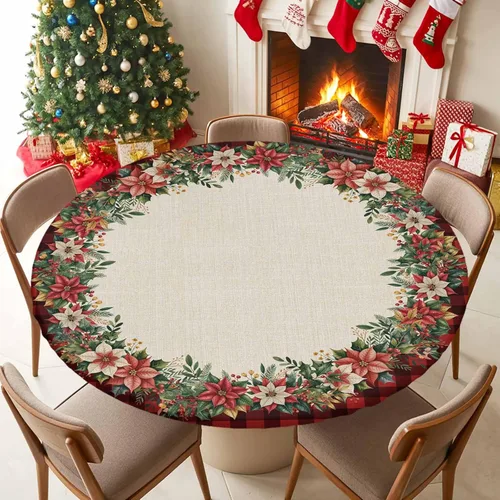Miniatura 5 de Mantel ajustado redondo de Navidad con Poinsettia, mantel de lino retro de Navidad impermeable para mesa circular, mantel circular elástico de Rojo