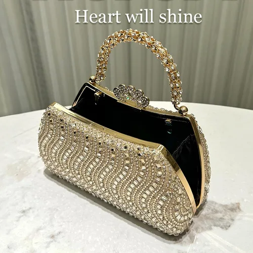 Miniatura 8 de Bolso de mano de noche con diamantes de imitación de cristal para mujer con cierre de corona de asa dorada, cadena desmontable formal para gala