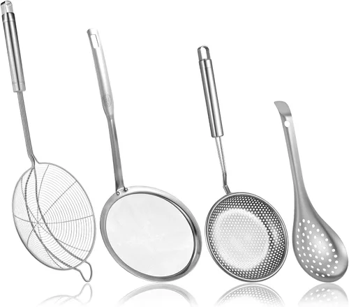 Juego de 4 cucharas de colador de araña, colador de malla fina y cuchara espumadora de grasa, metal de acero inoxidable con coladores de alimentos