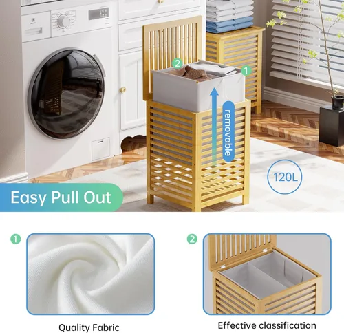 Miniatura 8 de SMIBUY Cesta de lavandería doble con tapa, cesta de lavandería de bambú de 120L con bolsa interior extraíble, clasificador de ropa de 2 secciones
