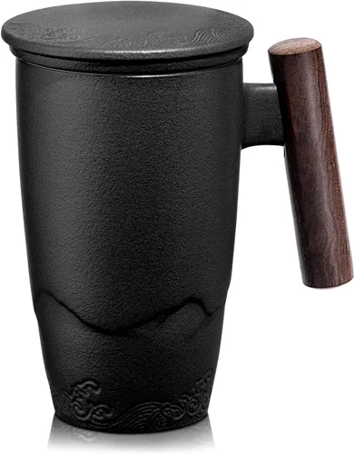 Miniatura 8 de suyika Tomotime - Taza de té de cerámica con infusor y tapa, asa de madera, 13.5 onzas (400 ml) (Azul cian)
