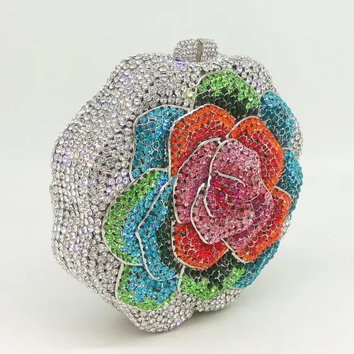 Miniatura 4 de Boutique De FGG Rose Flower Crystal Clutch Mujeres Bolsos de Noche Formal Fiesta Rhinestone Bolso Boda Novia