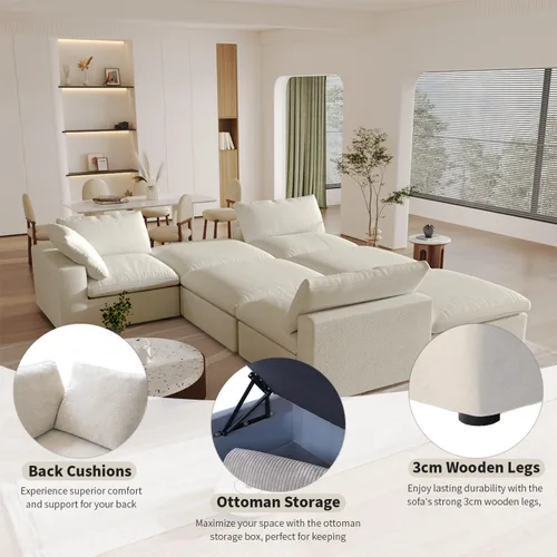 Miniatura 4 de Sofá seccional modular Cloud, sofá de gran tamaño de 8 plazas, sofás convertibles en forma de U de 160.6" con otomano de almacenamiento para sala