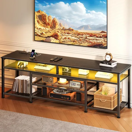 Furologee Soporte de TV con tomas de corriente y luces LED, centro de entretenimiento de 63 pulgadas para televisores de 60, 65, 70 pulgadas, mesa