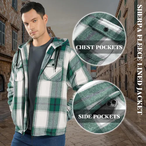 Miniatura 4 de Ceoutdoor Chaqueta de franela con capucha para hombre, forro polar, camisa de franela a cuadros con cremallera, sudadera con capucha de sherpa