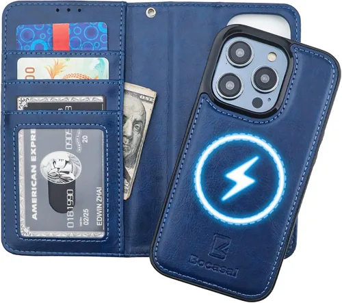 Miniatura 14 de Bocasal Funda tipo cartera desmontable para iPhone 14 Pro con bloqueo RFID, ranuras para tarjetas, soporte magnético de piel sintética de alta Negro