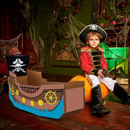 Miniatura 5 de Eaasty Colorear barco pirata de cartón, barco de cartón, casa de juegos para niños, manualidades, bricolaje, niños grandes, casa de juegos al aire