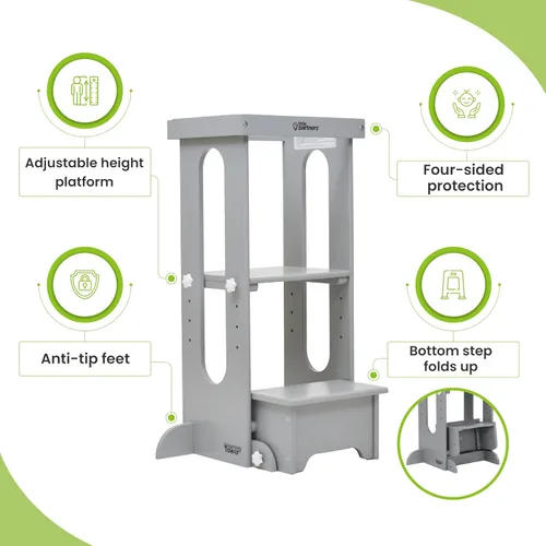 Miniatura 9 de Little Partners Torre Plegable para Niños Pequeños, Torre de Aprendizaje Explore 'N Store Montessori Torre de Cocina de Pie con Plataforma de Blanco