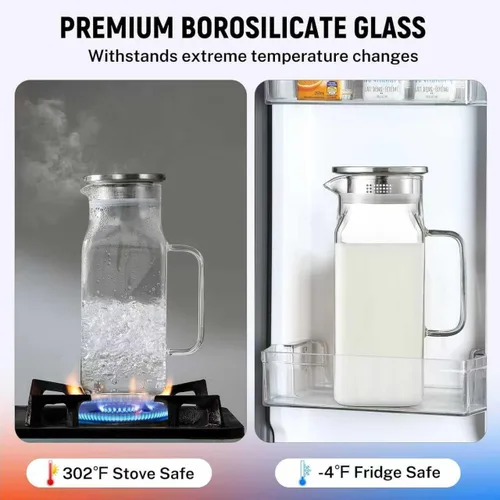 Miniatura 3 de Paquete de 2 jarras cuadradas de vidrio de 2 litros/68 oz con tapa y asa, jarra de vidrio para agua caliente/fría, jarra grande de té helado