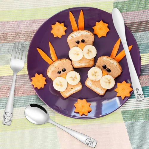 Miniatura 7 de VITEVER Juego de cubiertos de acero inoxidable para niños, 12 piezas, tenedores, cucharas y cuchillos seguros para niños, pulido con espejo, apto
