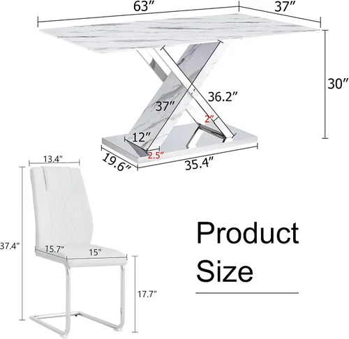 Miniatura 2 de Juego de mesa de comedor de mármol para mesa rectangular blanca de 6.63 pulgadas con marco de metal plateado en forma de X y 6 sillas de comedor