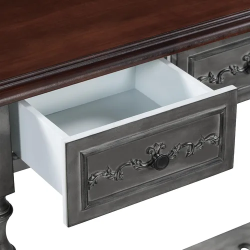 Miniatura 4 de LUMISOL Mesa de sofá estrecha con diseño curvo circular retro, mesa de consola con 4 cajones de almacenamiento y estante abierto, gris retro Gris