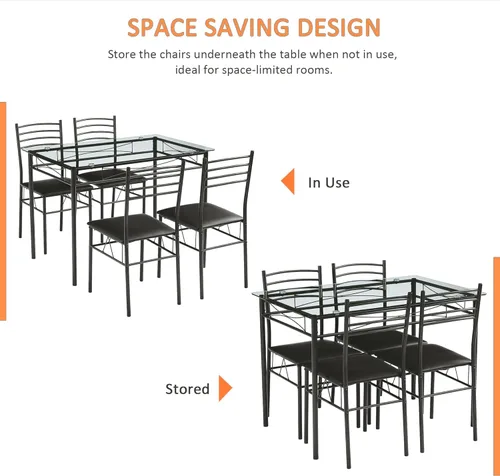 Miniatura 5 de VECELO juego de mesa de comedor de cocina y sillas para 4, asiento acolchado y tablero para vasos, ahorro de espacio, negro mate
