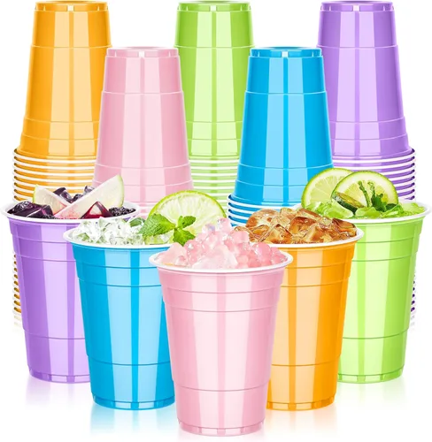 Miniatura 9 de KesaPlan Paquete de 100 vasos de plástico neón de 16 onzas en verde, rojo, naranja y azul, desechables coloridos para fiestas, bebidas frías a Verde