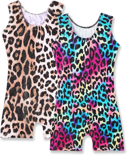 Miniatura 2 de Nymphperi Paquete de 2 leotardos de gimnasia para niñas, mallas con pantalones cortos brillantes sin mangas, unitardo de una pieza, ropa de baile