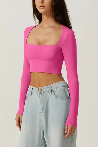 Miniatura 2 de QINSEN Camiseta corta sexy de manga larga con cuello cuadrado para mujer