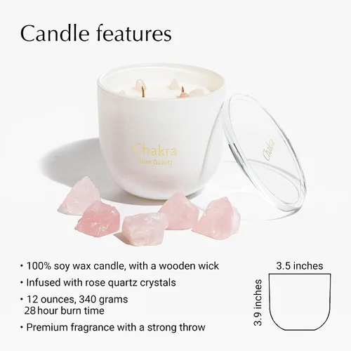 Miniatura 6 de Vela de cristal de cuarzo rosa, cera de soja de 12 onzas para aromaterapia para meditación y alivio del estrés, mechas de madera agrietada duales, 6