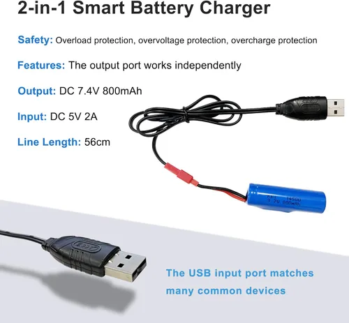 Miniatura 5 de KBT - Paquete de 2 baterías recargables de iones de litio de 3.7 V 800 mAh 10C de alto drenaje con conector JST de 2 pines y cable de carga USB