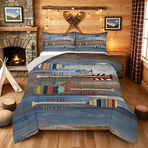 Miniatura 27 de Juego de ropa de cama King para casa del lago, juego de edredón de paleta de madera retro para regalos para amantes del lago, inserto de edredón