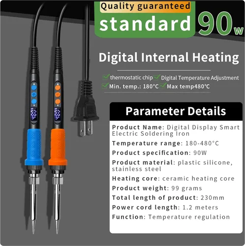 Miniatura 2 de Kit de soldador naranja 909A 90W con pantalla LED y calentador de cerámica, herramienta de soldadura digital de temperatura ajustable, incluye 90w
