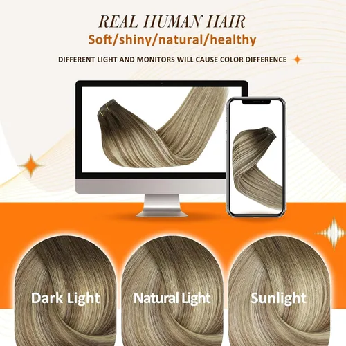 Miniatura 7 de Full Shine Extensiones de cabello humano real de 22 pulgadas con clip, balayage, color marrón degradado a rubio claro, mezcla de marrón, extensiones