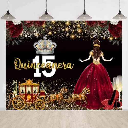 Miniatura 6 de Vestido rojo, fondo de flores de rosa, telón de fondo de cumpleaños de quinceañera para niña, princesa, feliz cumpleaños 15, carruaje de fotografía