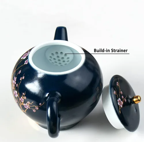 Miniatura 2 de Dahlia Juego de té de porcelana con diseño de pájaro y flores: tetera con colador integrado + 4 tazas de té en caja de regalo, azul