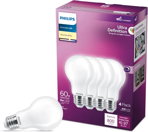 Miniatura 13 de PHILIPS Bombillas LED de 60 W A19, 4 unidades, ultra definición, blanco suave (2200 K), 800 lúmenes (8 W = 60 W), regulables, sin parpadeo, bombillas