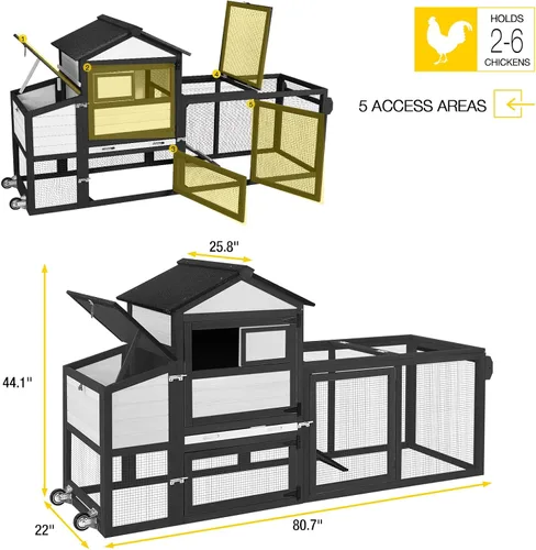 Miniatura 5 de Gallinero para 2-4 pollos expandible casa de pollo móvil para exteriores con ruedas, bandeja extraíble sin fugas, caja de anidación para gallinero