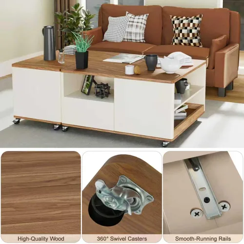 Miniatura 5 de Mesa de centro de granja con almacenamiento, mesa auxiliar rectangular de forma ajustable, mesa central con 8 ruedas y 2 cajones, mesa de centro