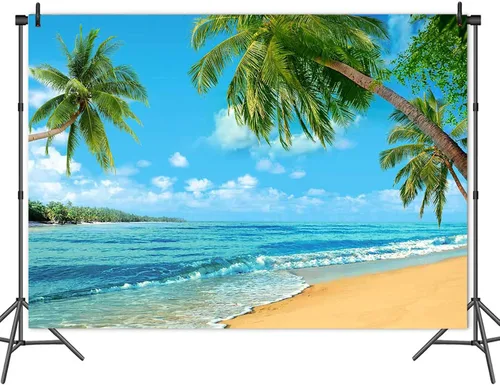 Miniatura 4 de Fondo tropical de verano para fotografía de palmera o playa de Hawaii, 7 x 5 pies, cielo marino azul, sol, Luau, fiesta, fondo de foto, boda, novia