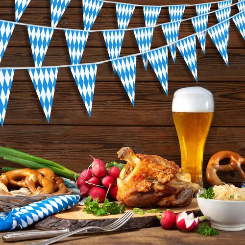 Miniatura 5 de Banderas de Oktoberfest de 197 pies, paquete de 6 banderines azules y blancos para decoraciones de fiestas temáticas alemanas, decoración