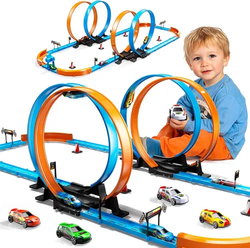 Conjunto de Pista de Carreras de Coches LILYBUDS para Niños, Niños de 3-5 4-7 años, Pistas de Carreras con 4 Zonas de Choque y Coches de Ranura de