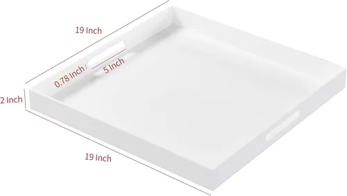 Miniatura 2 de Bandeja grande de acrílico blanco con asas, 19 x 19 x 2 pulgadas de alto, bandeja a prueba de derrames para otomana, mesa de café, desayuno, té