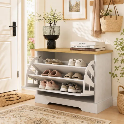 RASOO Zapatero con cajón abatible para niños, organizador de zapatos de 3 niveles con 2 estantes ajustables, banco oculto para zapatos que ahorra