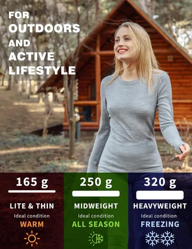 Miniatura 4 de Merino.tech Conjunto de capa base de lana merino para mujer, ropa interior térmica ligera de lana merino de peso medio para mujer, parte superior e