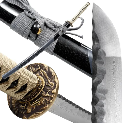 Miniatura 11 de entez Handcrafted Samurai Katana - Premium Damascus/T10 Clay Tempered Blades - Sharp Functional Japanese Swords, Full Tang