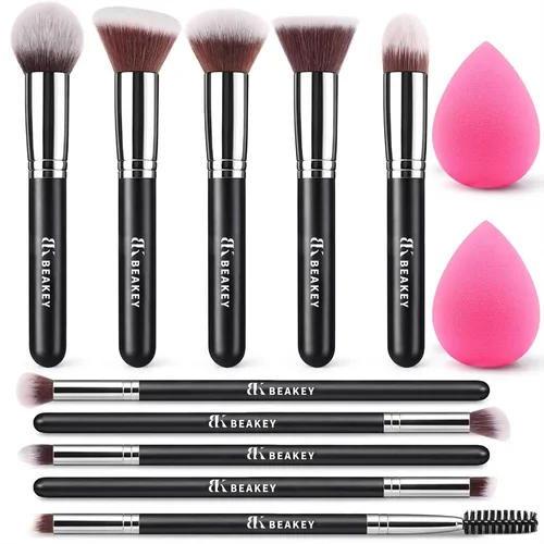 Miniatura 8 de Conjuntos de brochas de maquillaje BEAKEY, juegos de brochas con esponjas de maquillaje (10+2 piezas, con estuche negro) Storage case with lid