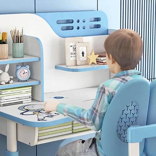 Miniatura 3 de Juego de sillas de escritorio de estudio para niños, mesa de aprendizaje ajustable en altura con tablero de escritura, cajones y compartimentos