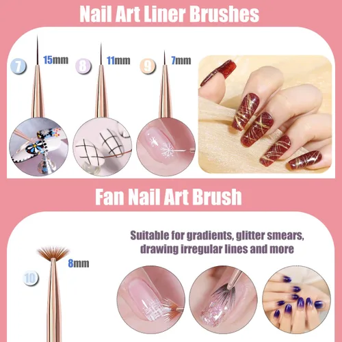 Miniatura 5 de KINGMAS 10 pinceles de arte de uñas, pincel de pintura para limpiar, pincel de dibujo, pincel para delineador de uñas y bolígrafo de punteado de uñas