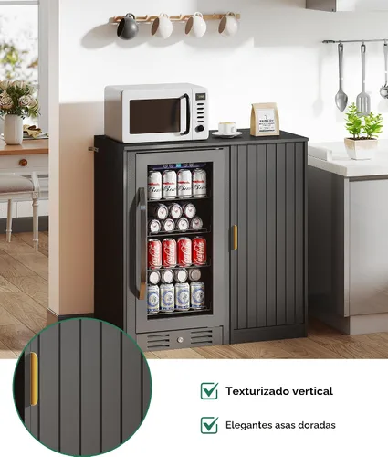 Miniatura 7 de Lamtor Barra de café con espacio para mini refrigerador, gabinete de barra de café con toma de corriente, mini gabinete de nevera estriado