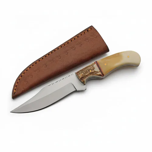 SZCO Supplies 8.75" cuchillo de caza al aire libre del hueso del ciervo que acampa con la vaina de cuero