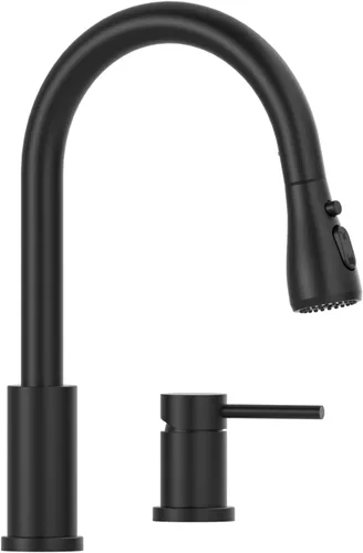 APPASO - Grifo de cocina de 2 agujeros, grifo de cocina negro mate con rociador extraíble de 3 modos, grifo de cocina de arco alto con manija