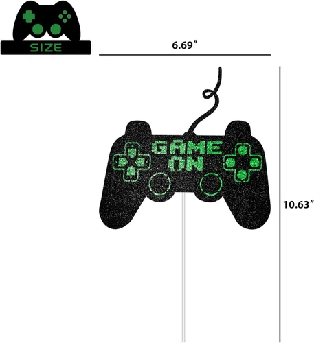 Miniatura 2 de Game On Big Cake Topper – Controlador de videojuegos dorado negro y verde para decoración de pasteles para niños y niños, suministros de fiesta