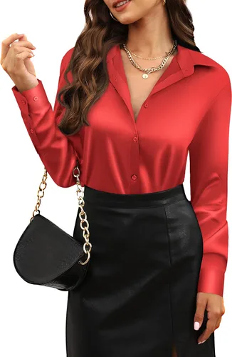 Miniatura 30 de CUNLIN Camisas de satén de seda suave con botones de leopardo para mujer, camisa de trabajo de manga larga de seda, blusas de vestir, tops