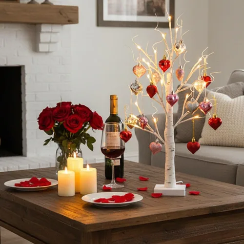 Miniatura 8 de Árbol de abedul iluminado para el día de San Valentín con adornos de corazón, lámpara LED romántica de árbol de ramita de abedul de mesa, 24 luces