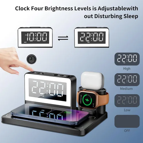 Miniatura 7 de Estación de carga rápida inalámbrica, reloj despertador 7 en 1 con soporte de cargador inalámbrico, base de carga para Apple, para múltiples
