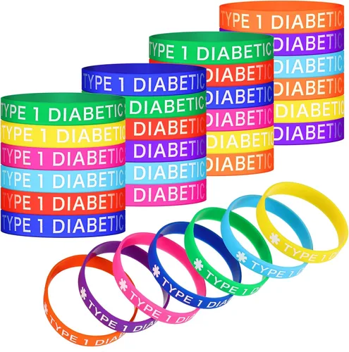 Sumind 24 pulseras de silicona tipo 1 para la diabetes, pulseras elásticas de conciencia sobre la diabetes, pulseras de goma multicolor para