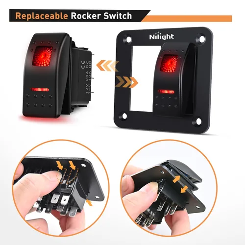 Miniatura 6 de Nilight Panel de interruptor basculante de 2 posiciones, 12V 24V DC, interruptores rojos, aluminio, 5 pines, ON OFF, precableado, impermeable