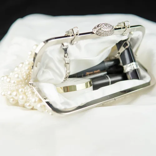 Miniatura 8 de Ofuleo Bolsos de mano de perlas de lujo, bandolera de cristal para mujer, para boda, noche, fiesta casual, Blanco
